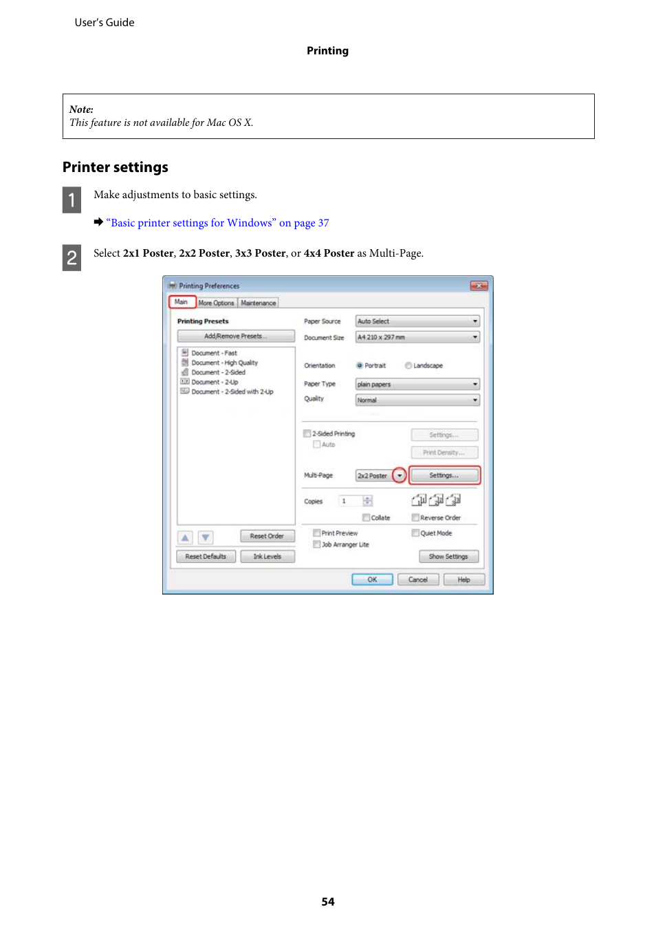 Printer settings | Epson WP-M4595DNF User Manual | Page 54 / 203