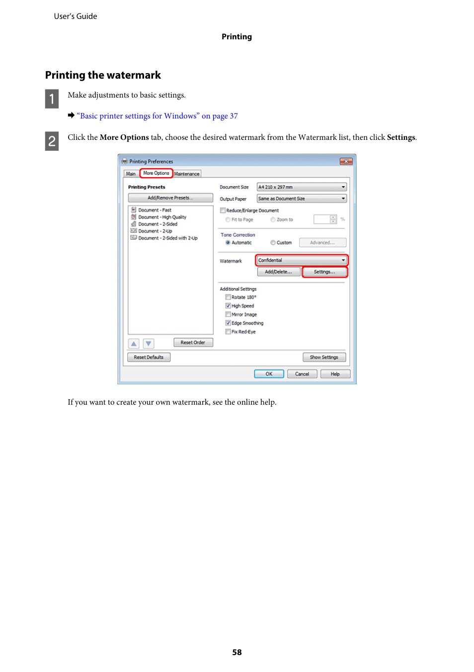 Printing the watermark | Epson WP-M4595DNF User Manual | Page 58 / 203