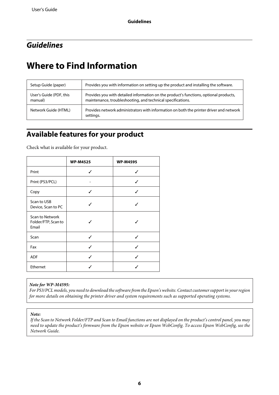 Guidelines, Where to find information, Available features for your product | Epson WP-M4595DNF User Manual | Page 6 / 203