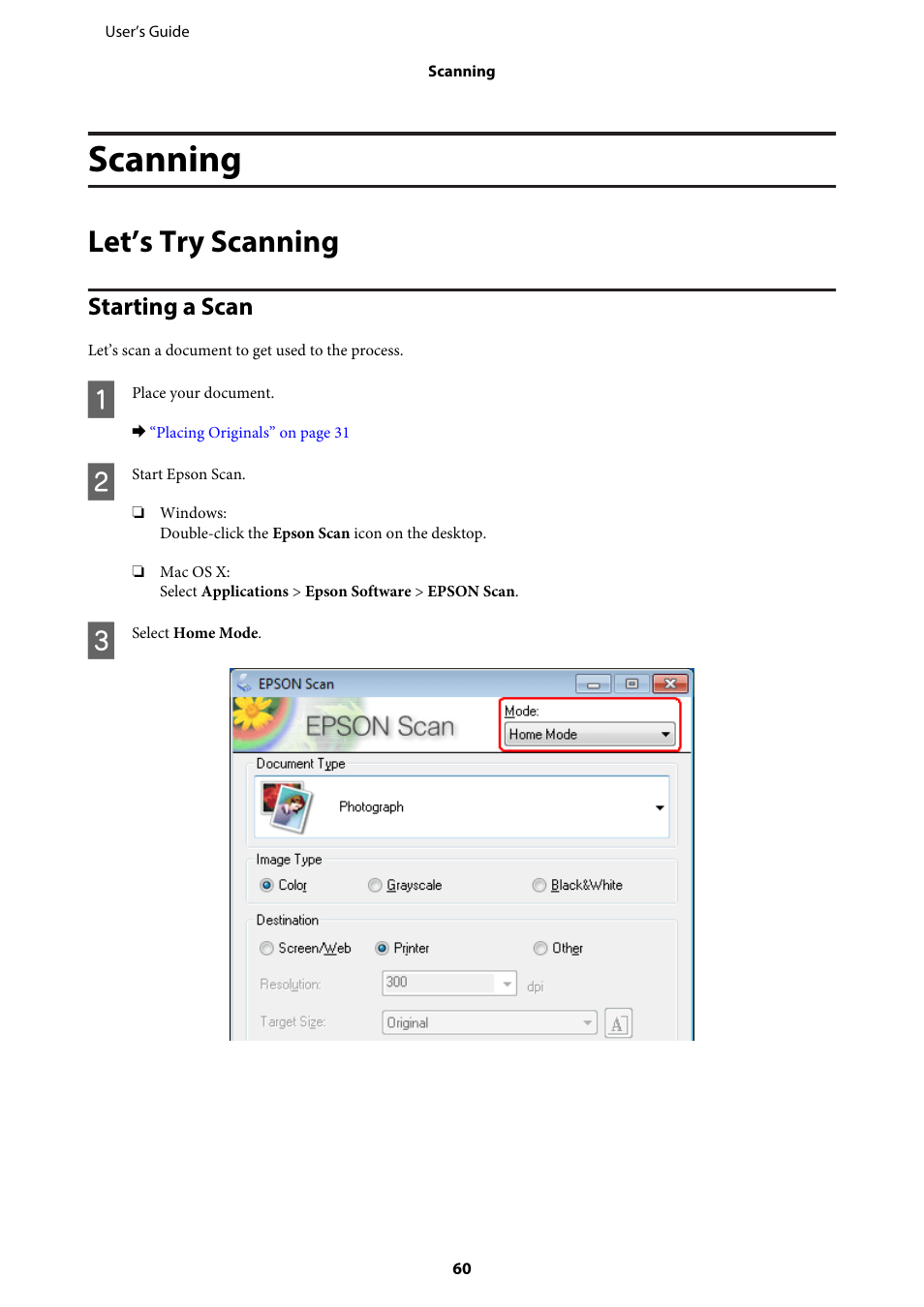 Scanning, Let’s try scanning, Starting a scan | Epson WP-M4595DNF User Manual | Page 60 / 203