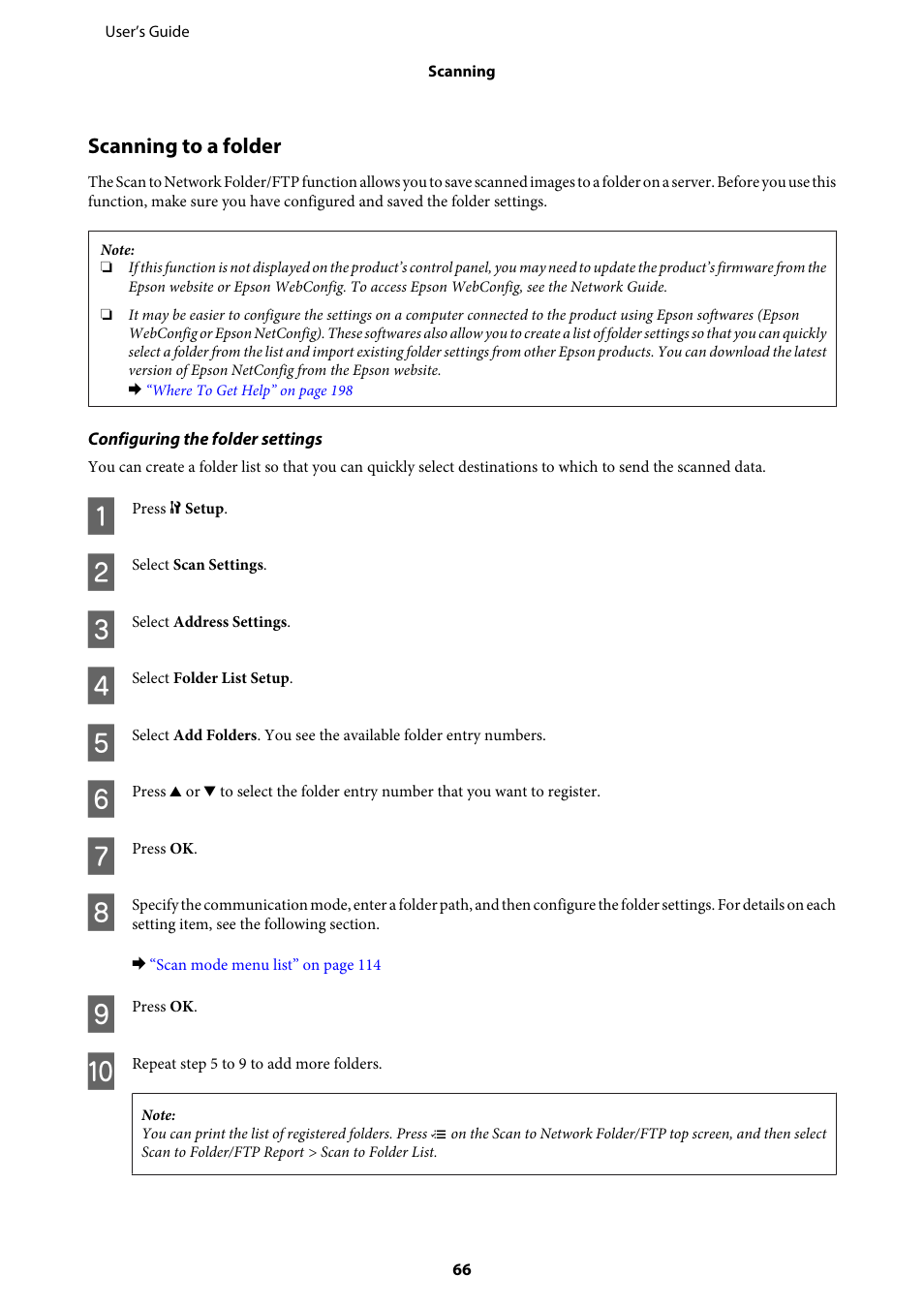 Scanning to a folder | Epson WP-M4595DNF User Manual | Page 66 / 203