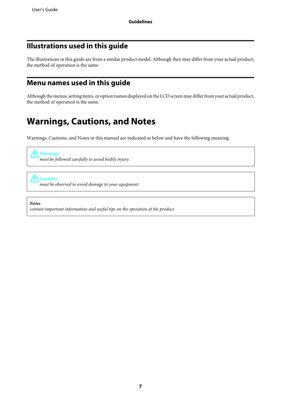 Illustrations used in this guide, Menu names used in this guide, Warnings, cautions, and notes | Epson WP-M4595DNF User Manual | Page 7 / 203