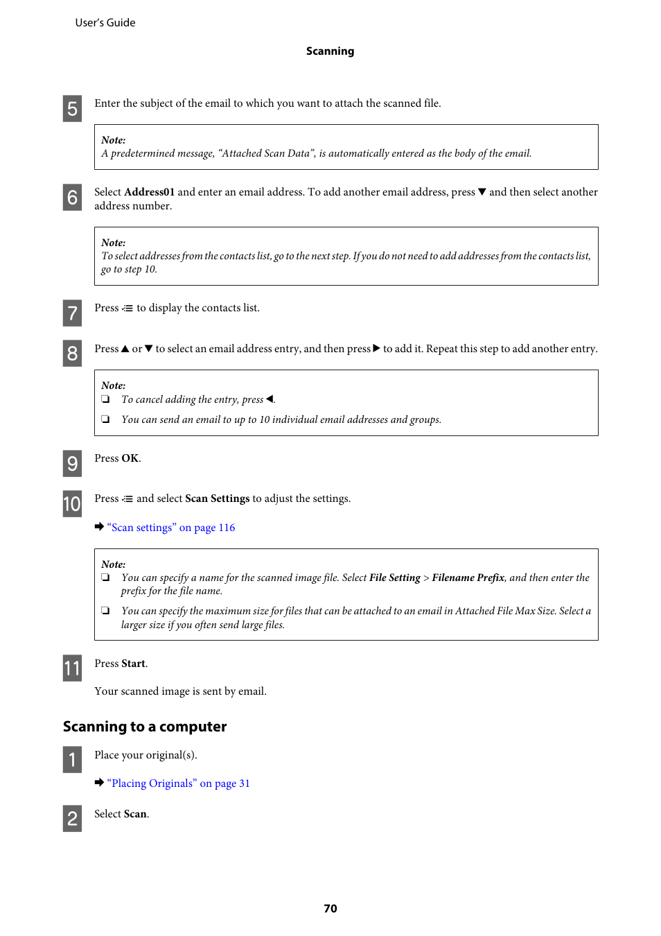 Scanning to a computer | Epson WP-M4595DNF User Manual | Page 70 / 203