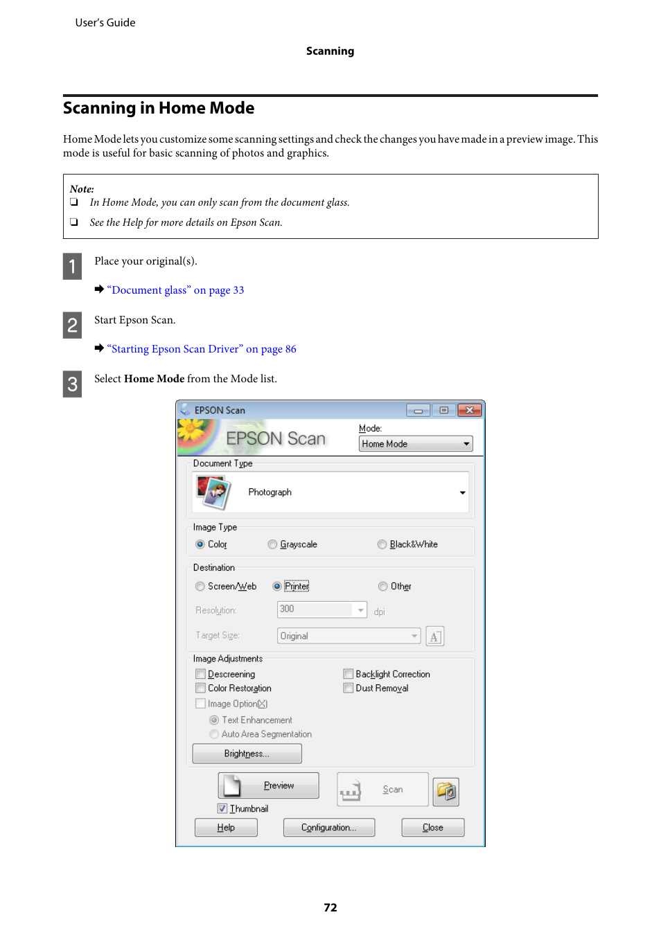 Scanning in home mode | Epson WP-M4595DNF User Manual | Page 72 / 203