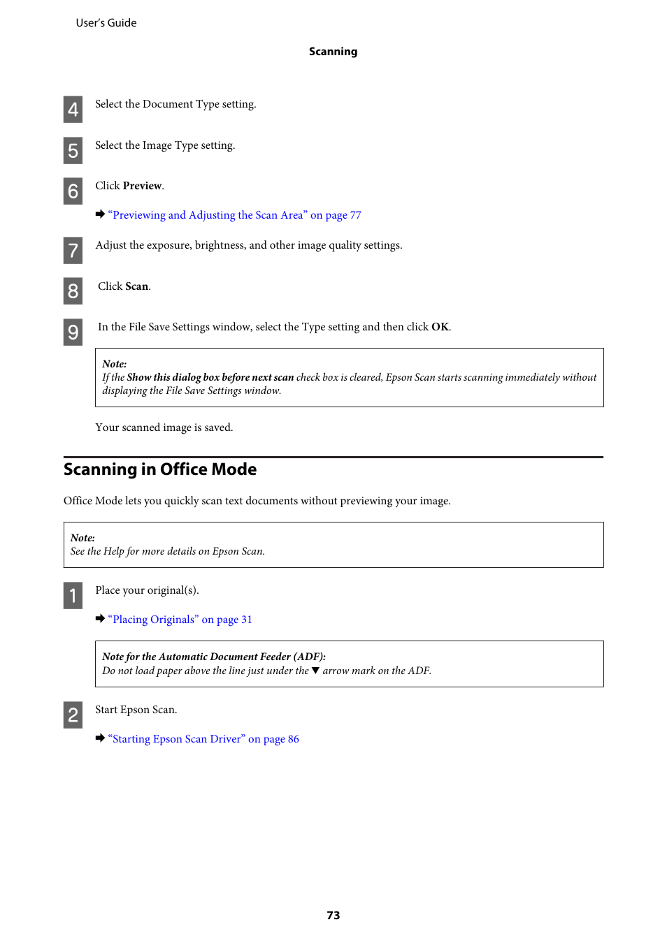 Scanning in office mode | Epson WP-M4595DNF User Manual | Page 73 / 203