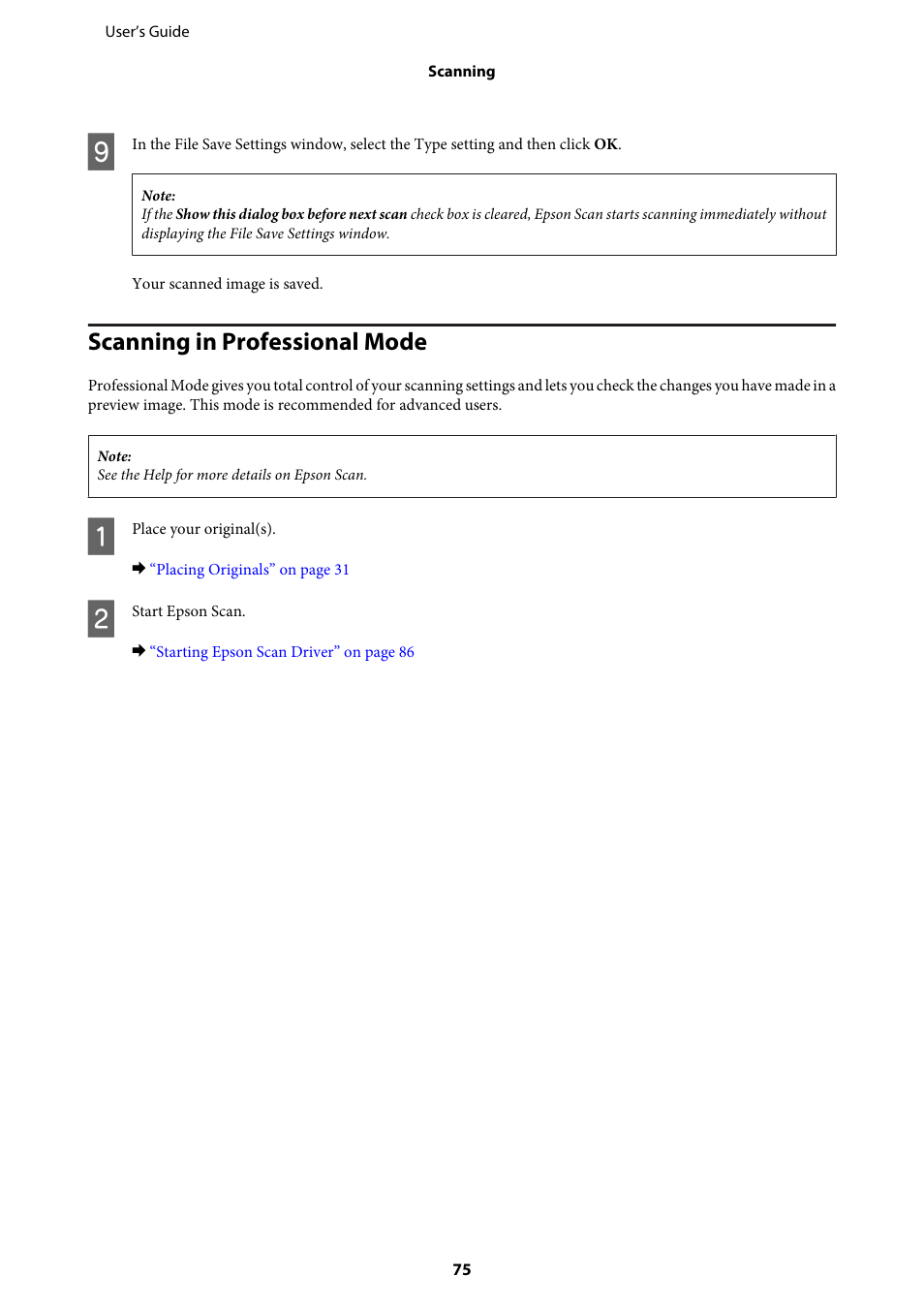Scanning in professional mode | Epson WP-M4595DNF User Manual | Page 75 / 203