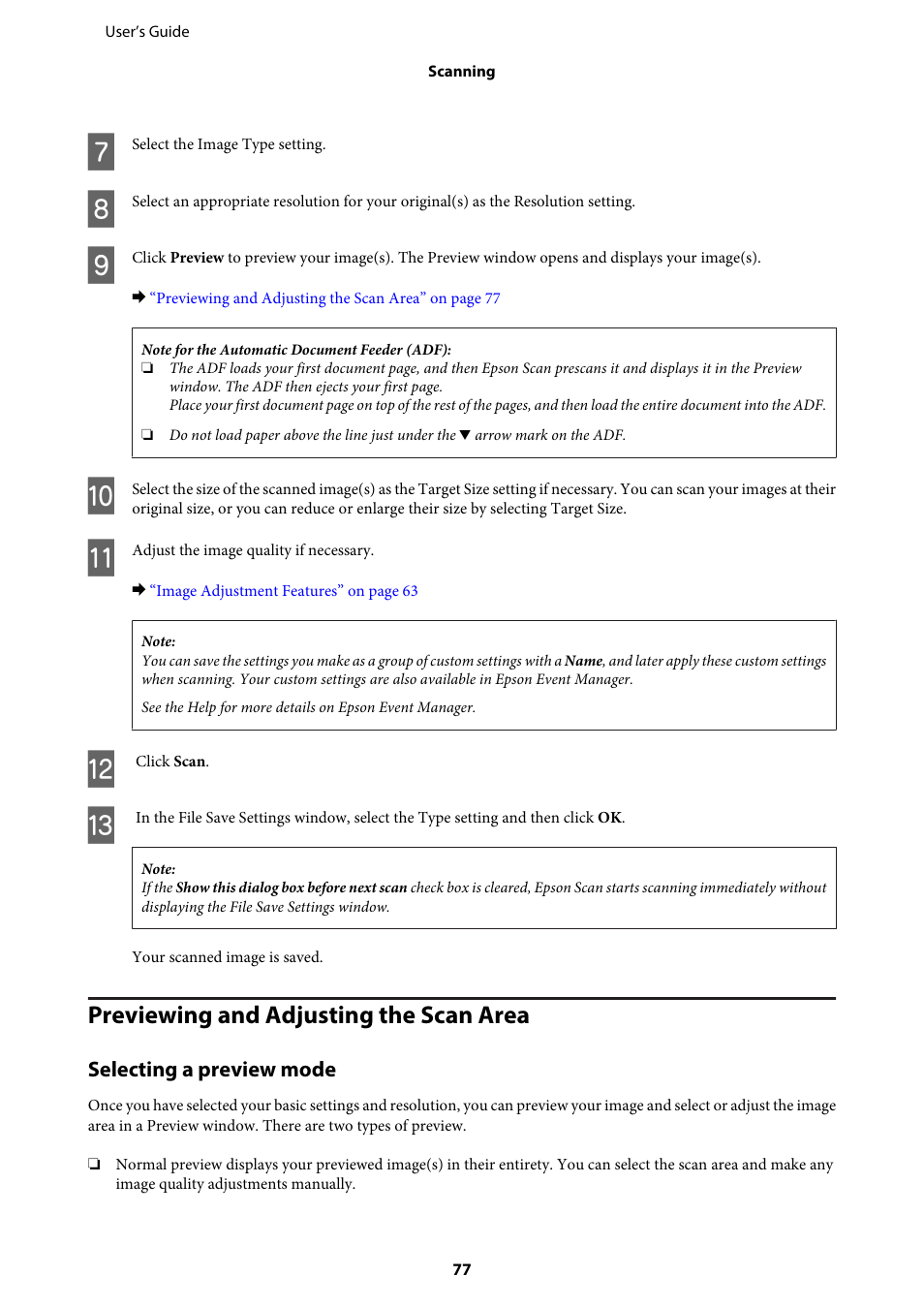 Previewing and adjusting the scan area, Selecting a preview mode | Epson WP-M4595DNF User Manual | Page 77 / 203