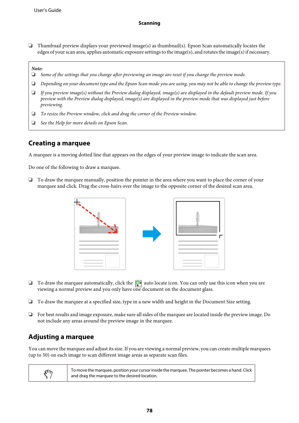 Creating a marquee, Adjusting a marquee | Epson WP-M4595DNF User Manual | Page 78 / 203