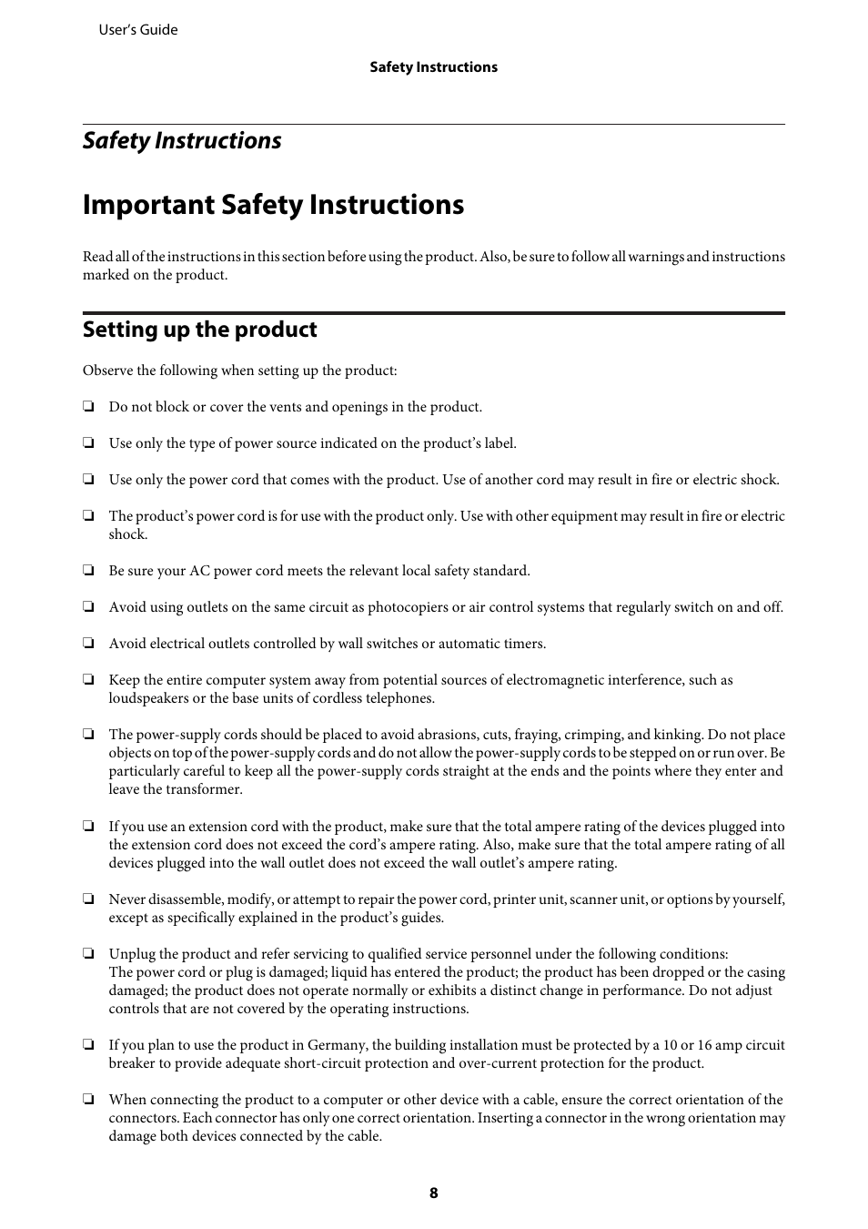 Safety instructions, Important safety instructions, Setting up the product | Epson WP-M4595DNF User Manual | Page 8 / 203
