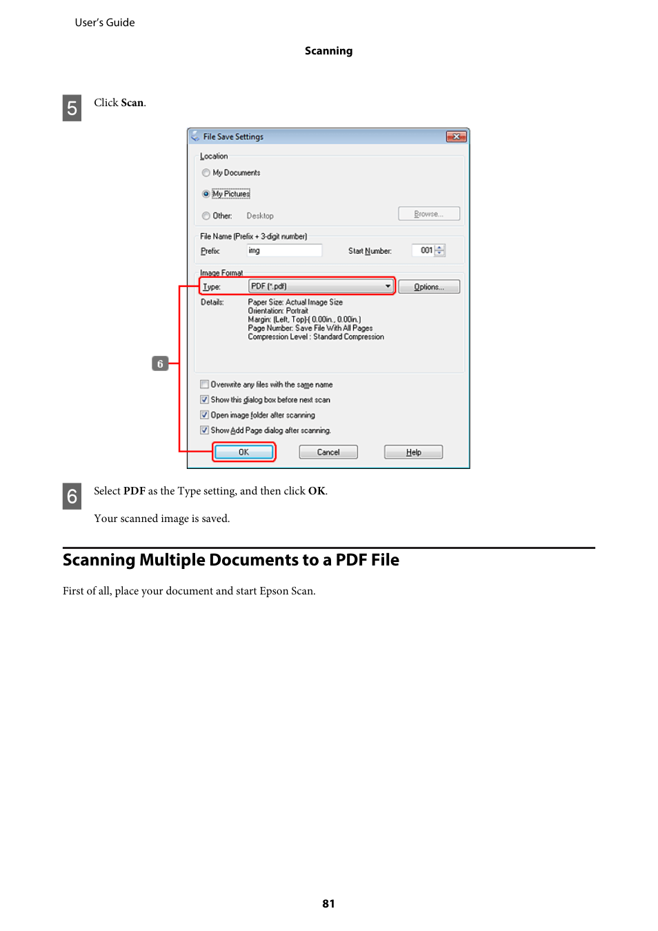 Scanning multiple documents to a pdf file | Epson WP-M4595DNF User Manual | Page 81 / 203