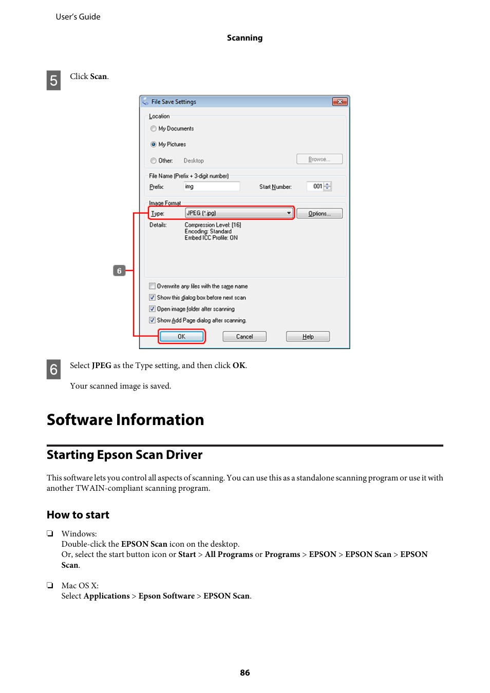 Software information, Starting epson scan driver, How to start | Epson WP-M4595DNF User Manual | Page 86 / 203