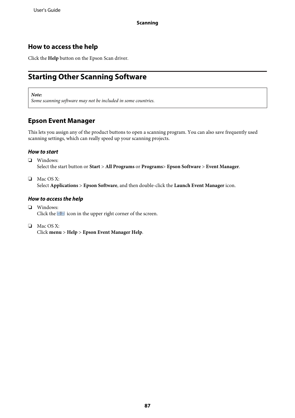 How to access the help, Starting other scanning software, Epson event manager | Epson WP-M4595DNF User Manual | Page 87 / 203
