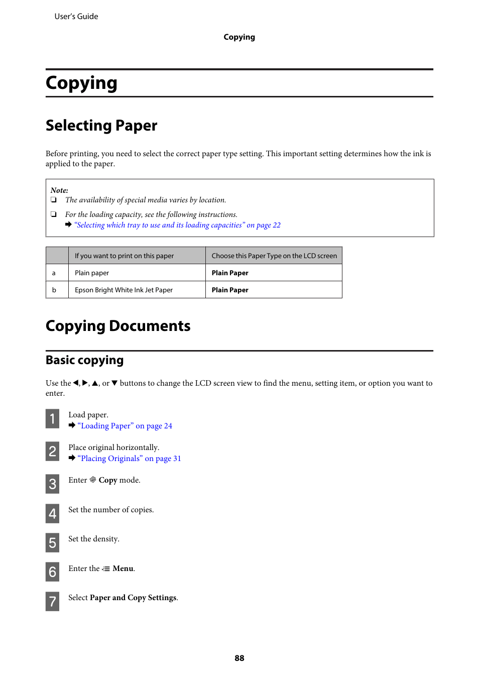 Copying, Selecting paper, Copying documents | Basic copying | Epson WP-M4595DNF User Manual | Page 88 / 203