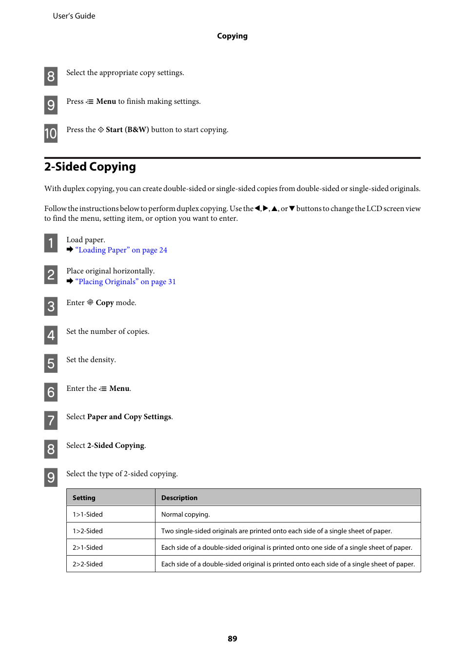 Sided copying | Epson WP-M4595DNF User Manual | Page 89 / 203