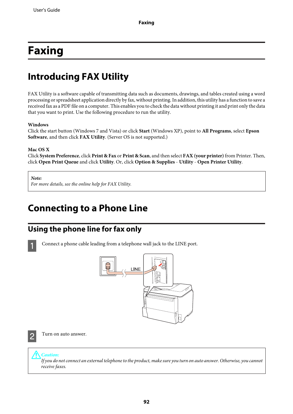 Faxing, Introducing fax utility, Connecting to a phone line | Using the phone line for fax only | Epson WP-M4595DNF User Manual | Page 92 / 203