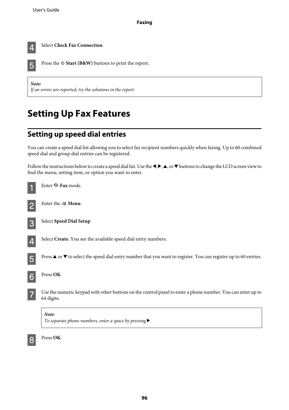 Setting up fax features, Setting up speed dial entries | Epson WP-M4595DNF User Manual | Page 96 / 203