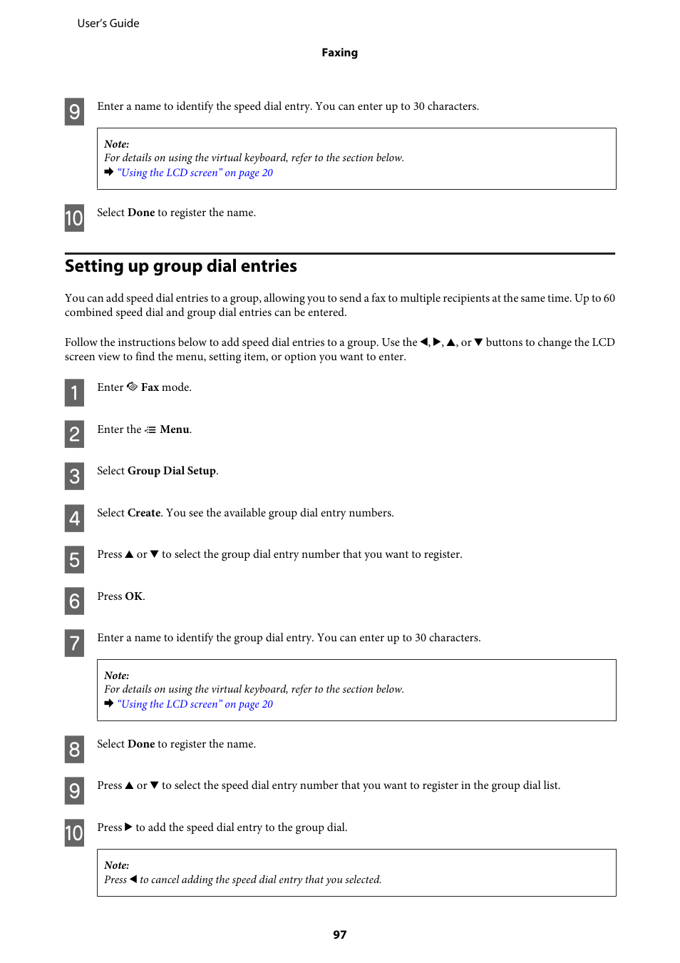 Setting up group dial entries | Epson WP-M4595DNF User Manual | Page 97 / 203