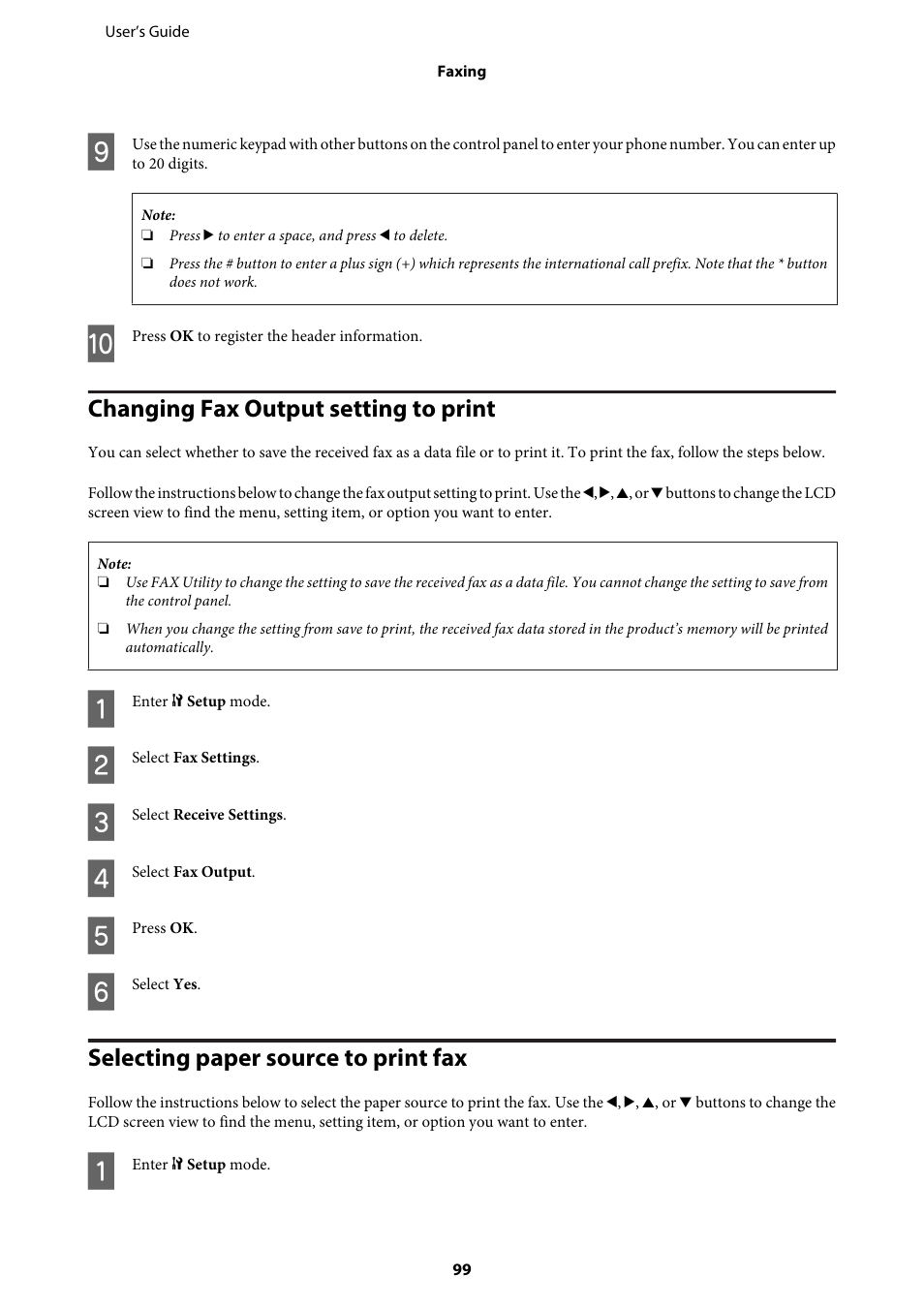 Changing fax output setting to print, Selecting paper source to print fax | Epson WP-M4595DNF User Manual | Page 99 / 203