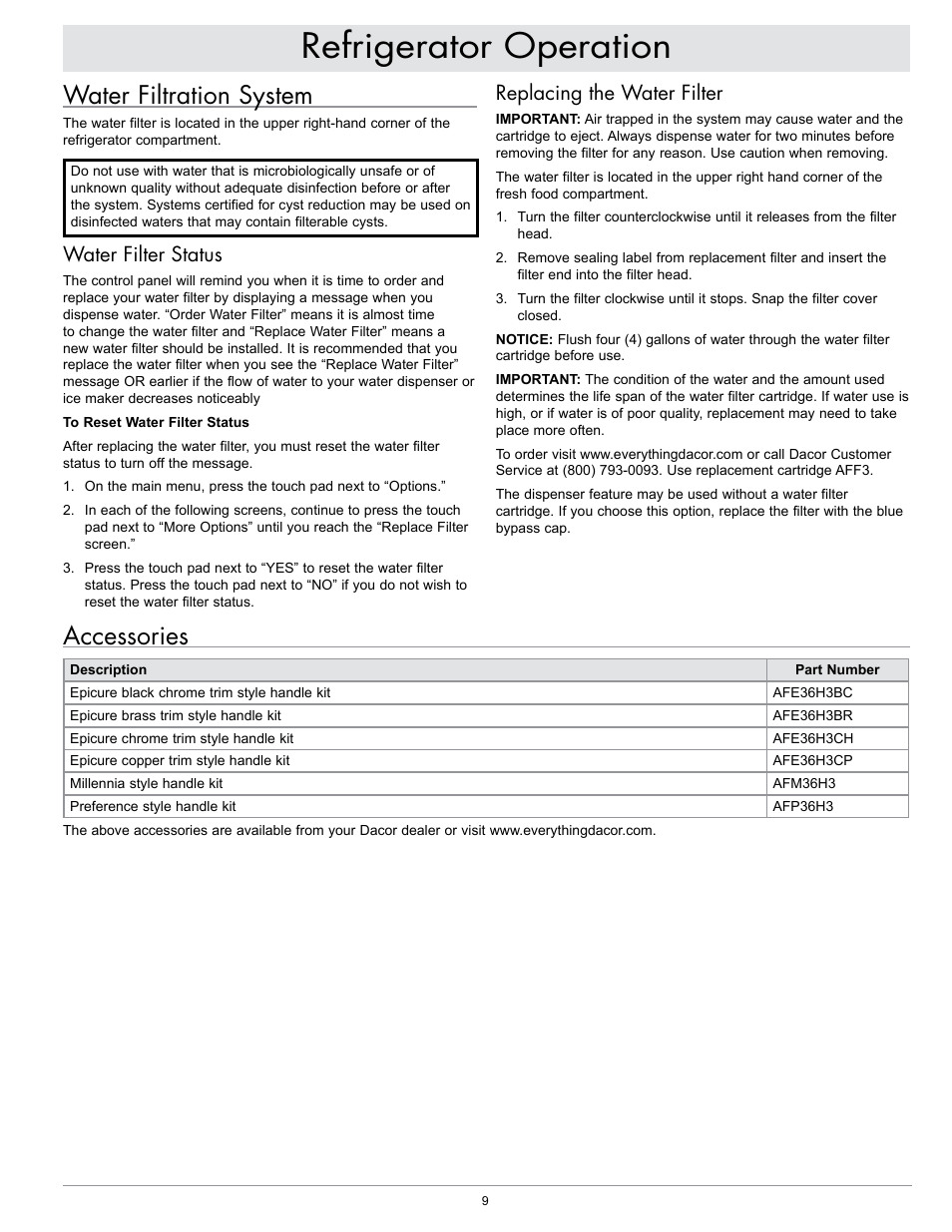 Refrigerator operation, Accessories, Water filtration system | Water filter status, Replacing the water filter | Dacor EF36IWF User Manual | Page 11 / 18