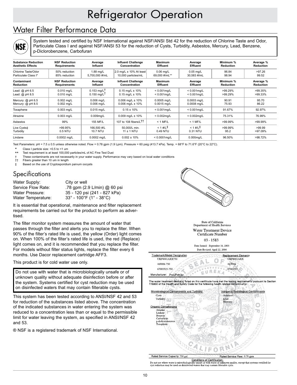 Refrigerator operation, Water filter performance data, Specifications | Dacor EF36IWF User Manual | Page 12 / 18