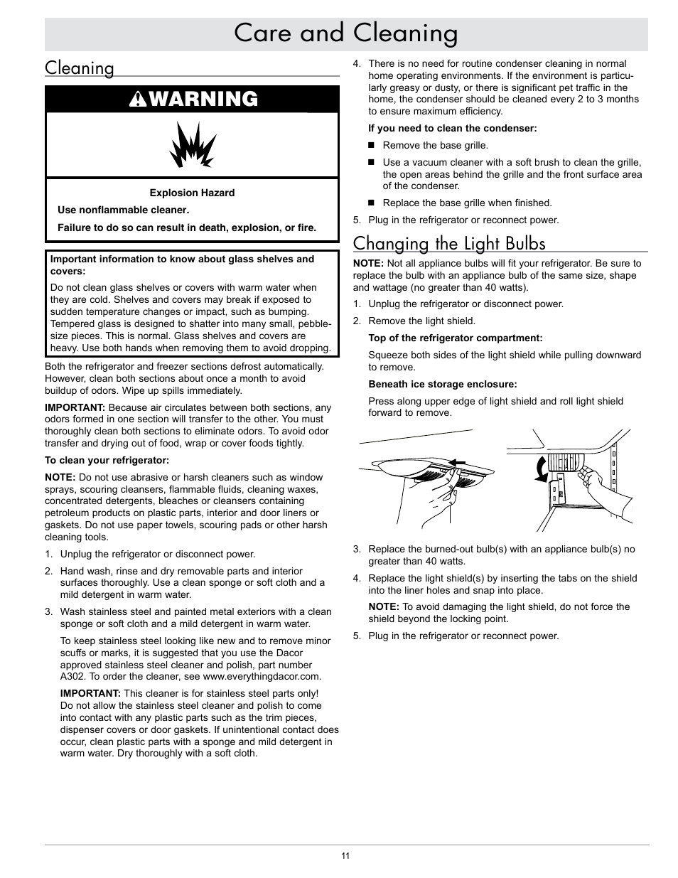 Care and cleaning, Warning, Cleaning | Changing the light bulbs | Dacor EF36IWF User Manual | Page 13 / 18
