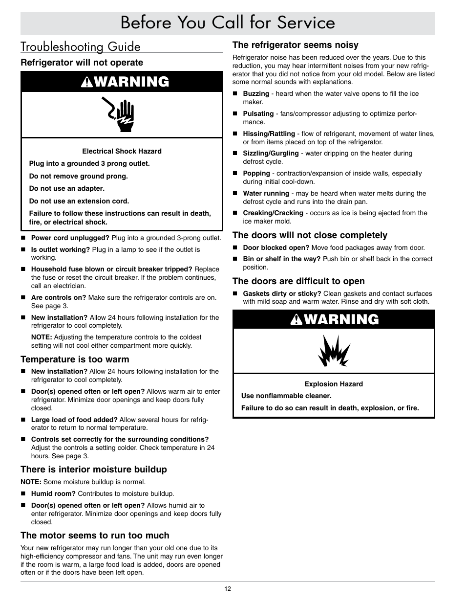 Before you call for service, Warning, Troubleshooting guide | Dacor EF36IWF User Manual | Page 14 / 18