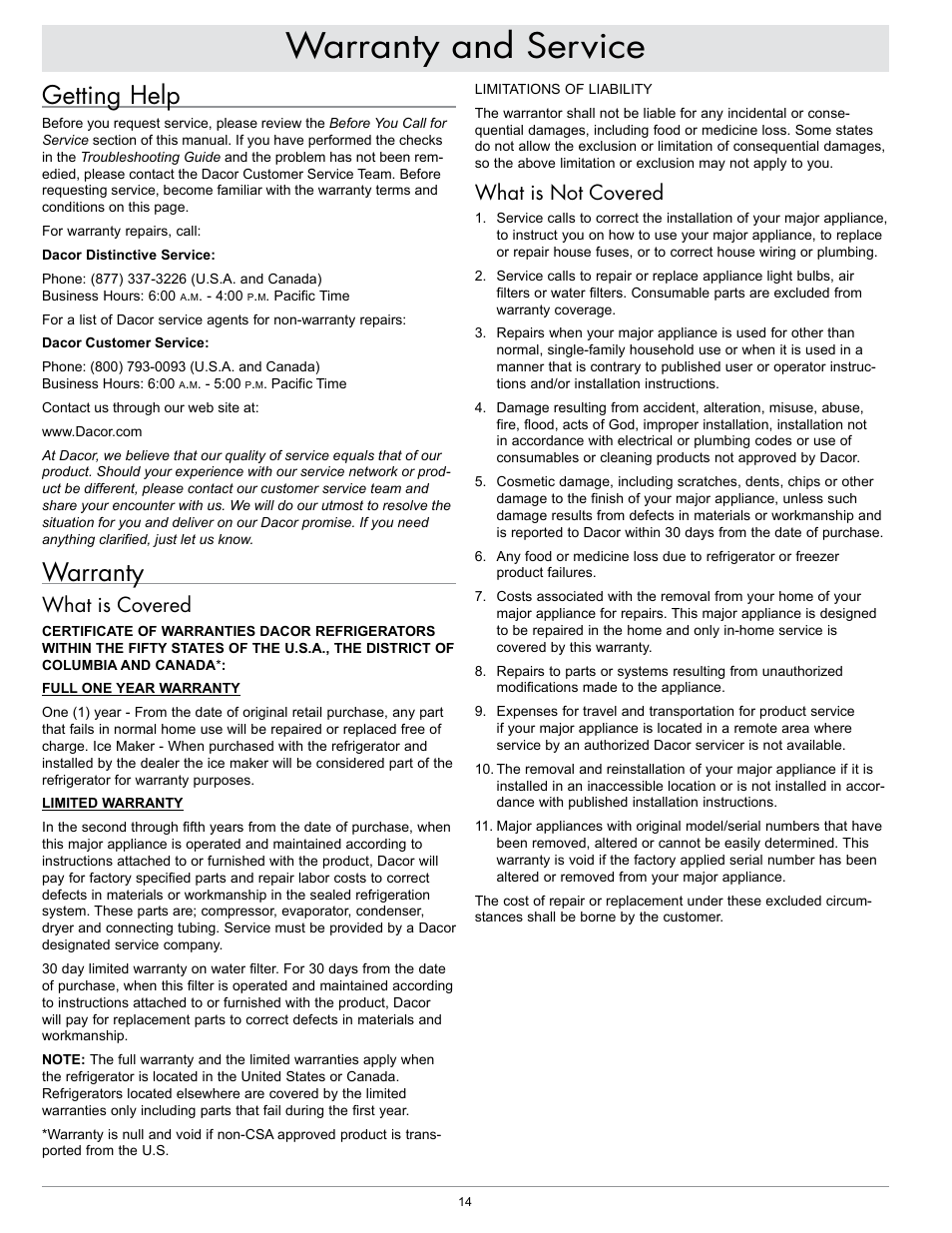 Warranty and service, Getting help, Warranty | What is covered, What is not covered | Dacor EF36IWF User Manual | Page 16 / 18