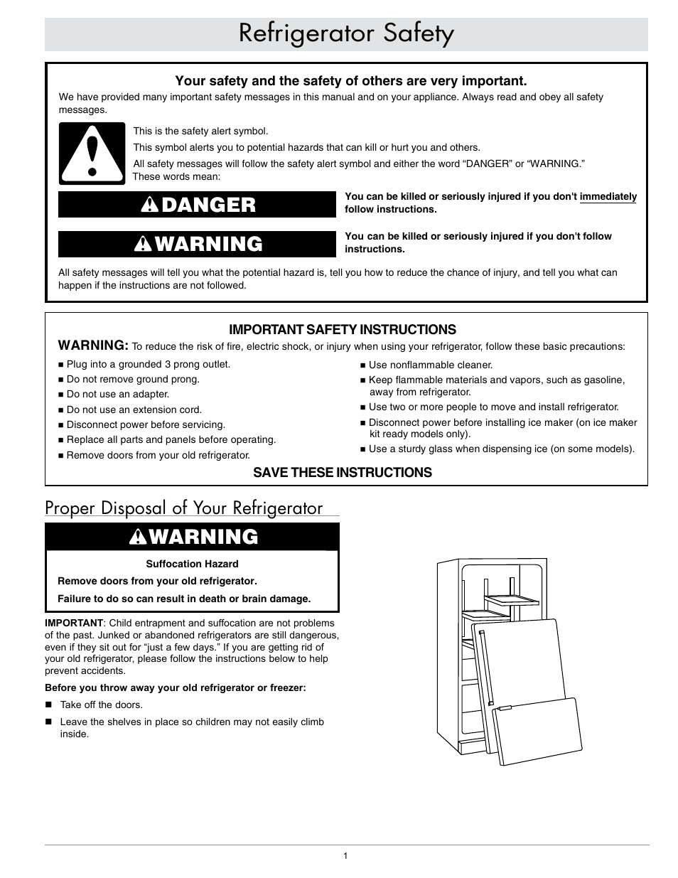 Refrigerator safety, Danger warning warning, Proper disposal of your refrigerator | Dacor EF36IWF User Manual | Page 3 / 18