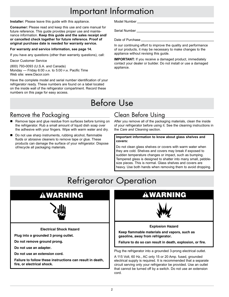 Important information, Refrigerator operation, Before use | Warning, Clean before using, Remove the packaging | Dacor EF36IWF User Manual | Page 4 / 18
