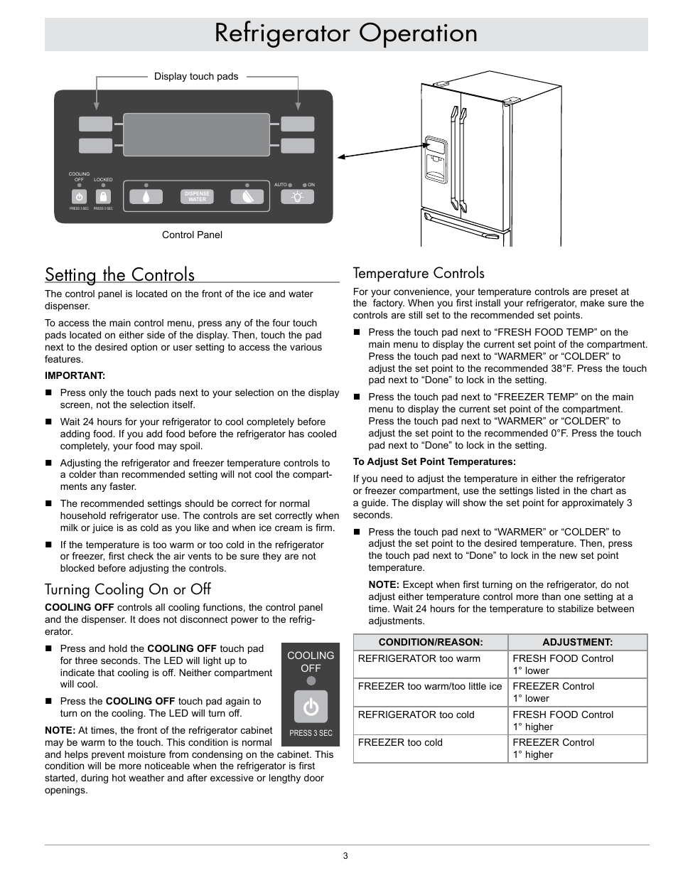 Refrigerator operation, Setting the controls, Temperature controls | Turning cooling on or off | Dacor EF36IWF User Manual | Page 5 / 18