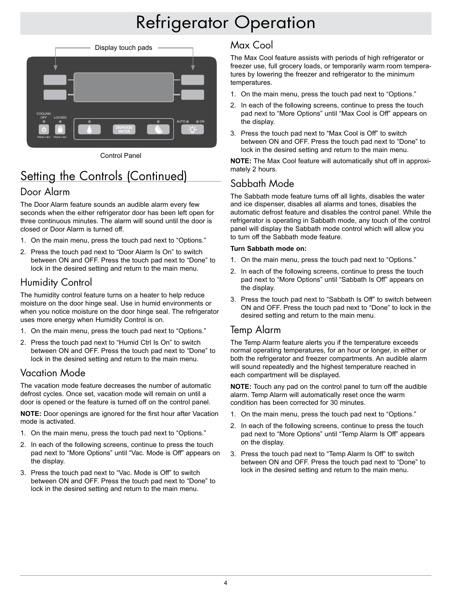 Refrigerator operation, Setting the controls (continued), Door alarm | Humidity control, Vacation mode, Max cool, Sabbath mode, Temp alarm | Dacor EF36IWF User Manual | Page 6 / 18
