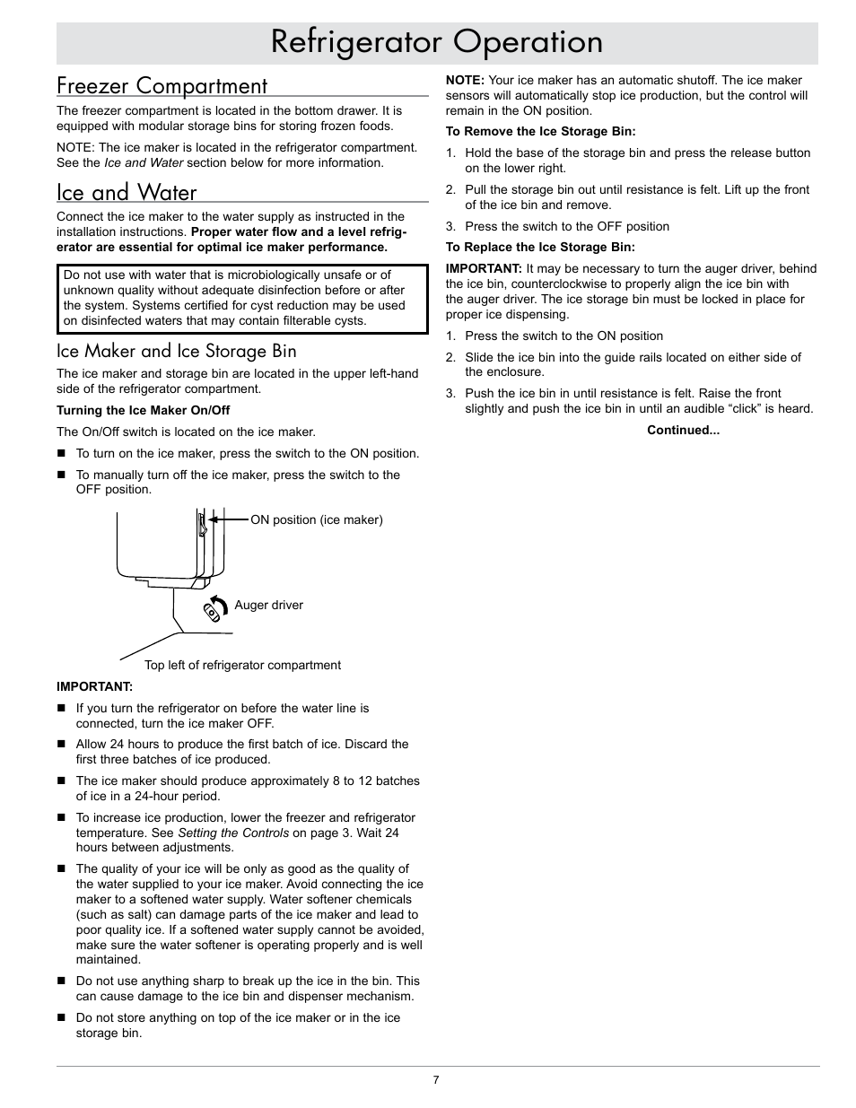 Refrigerator operation, Freezer compartment, Ice and water | Ice maker and ice storage bin | Dacor EF36IWF User Manual | Page 9 / 18