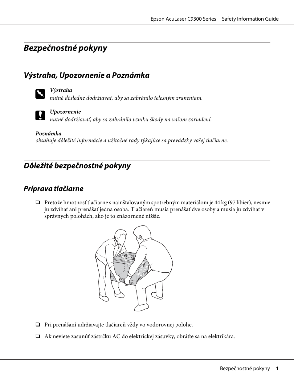 Slovenčina, Výstraha, upozornenie a poznámka, Dôležité bezpečnostné pokyny | Bezpečnostné pokyny | Epson AcuLaser C9300 User Manual | Page 10 / 18