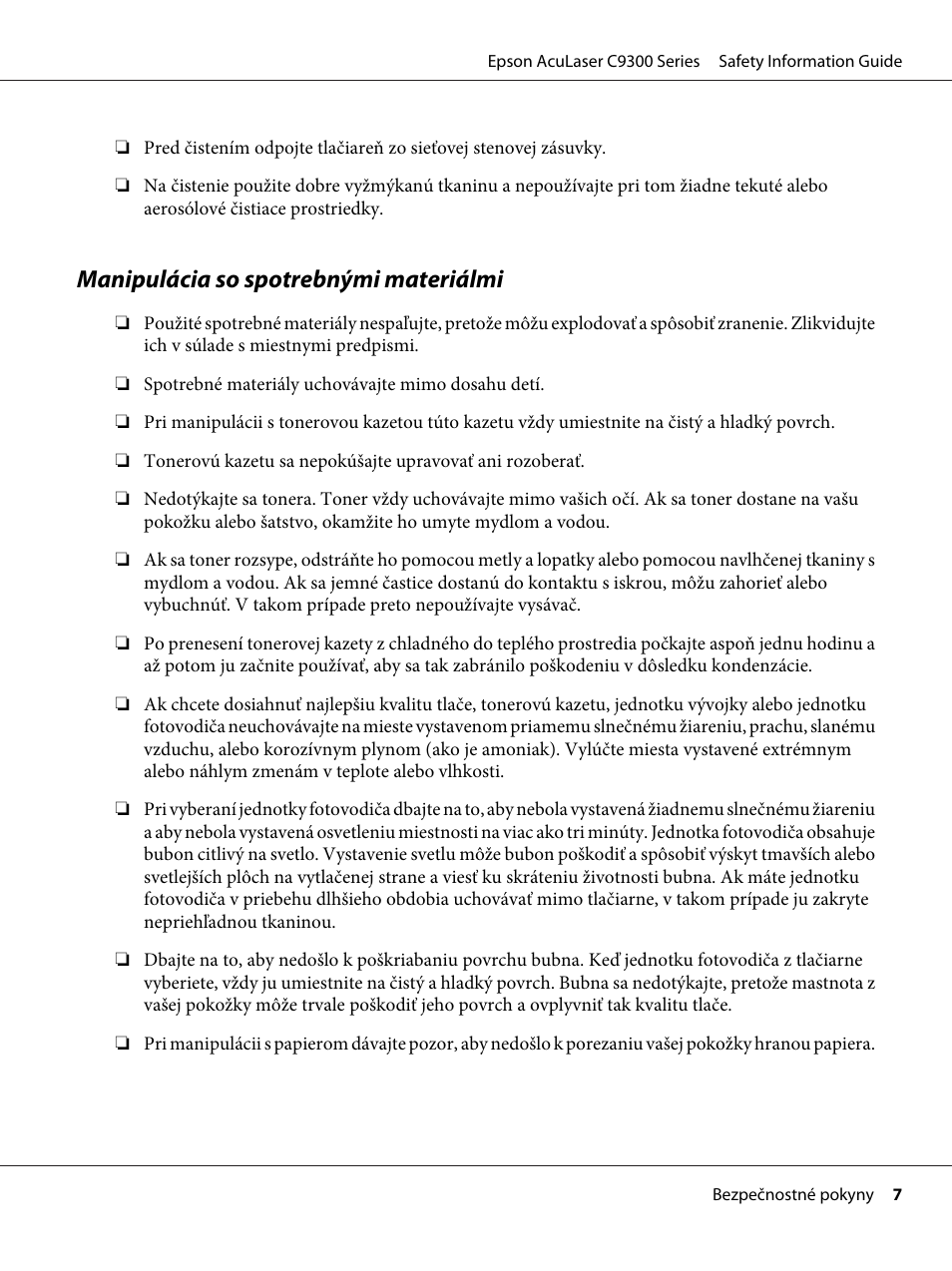 Manipulácia so spotrebnými materiálmi | Epson AcuLaser C9300 User Manual | Page 16 / 18