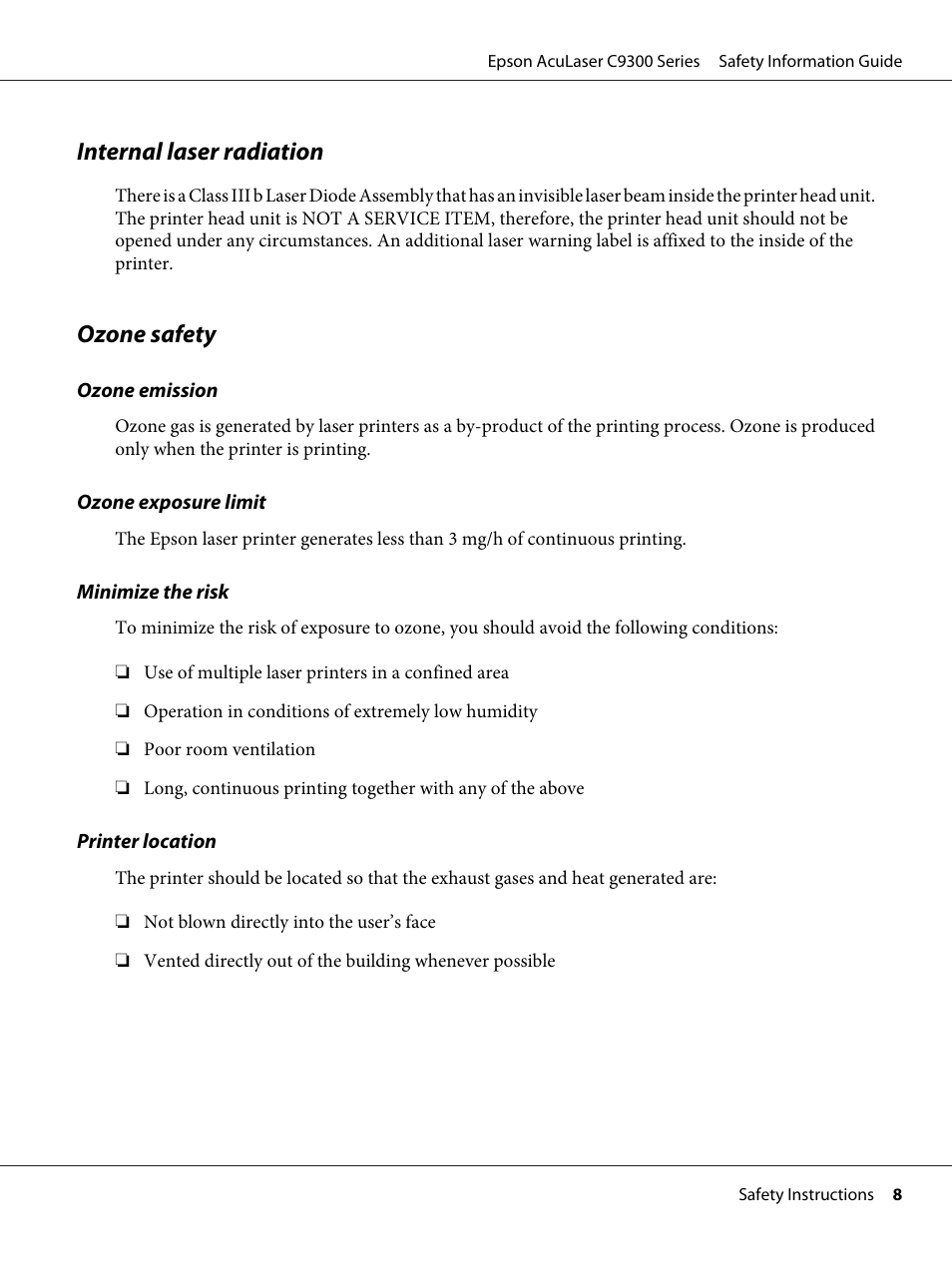 Internal laser radiation, Ozone safety | Epson AcuLaser C9300 User Manual | Page 9 / 18