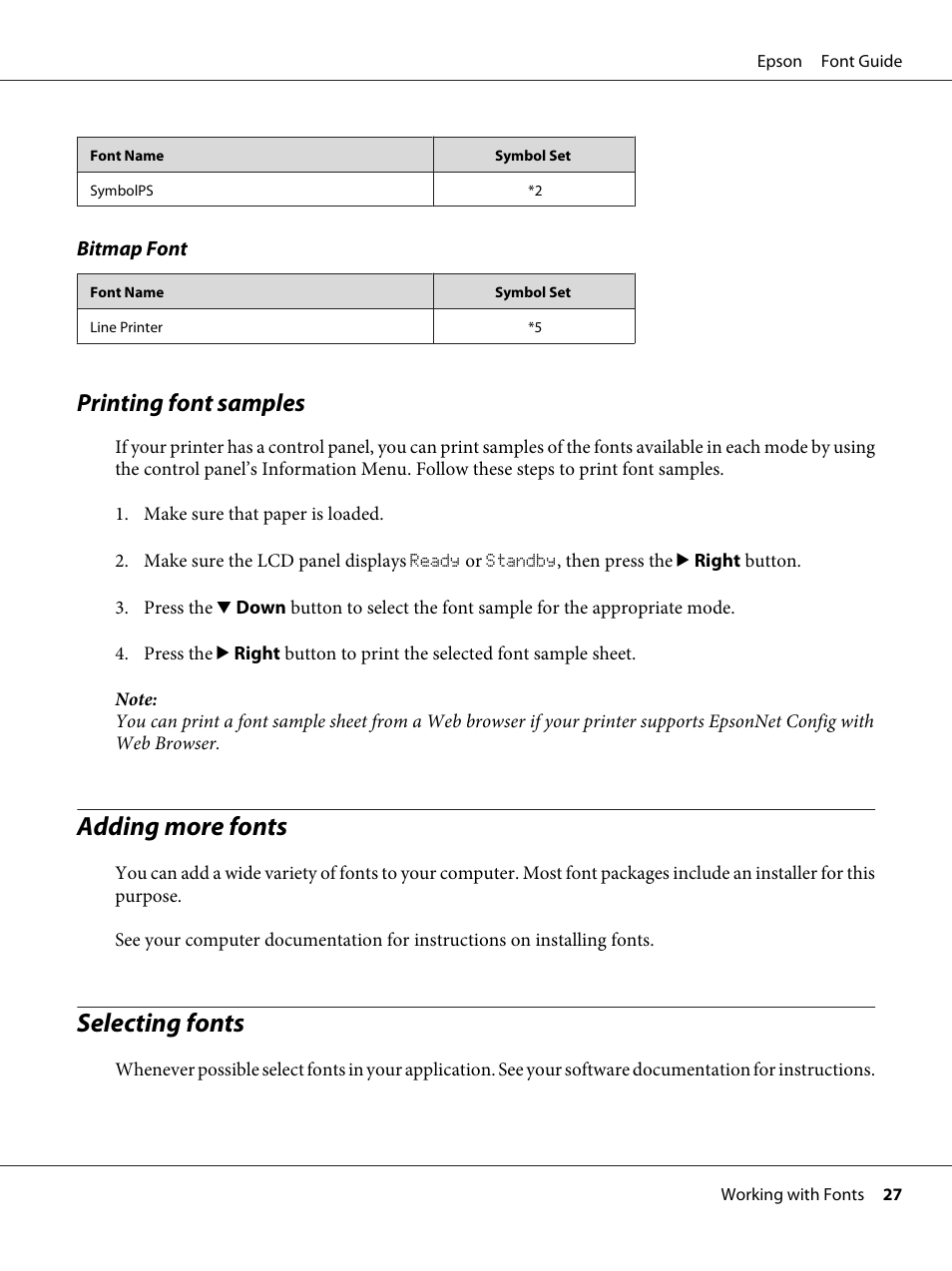 Printing font samples, Adding more fonts, Selecting fonts | Adding more fonts selecting fonts | Epson AcuLaser C9300 User Manual | Page 27 / 39