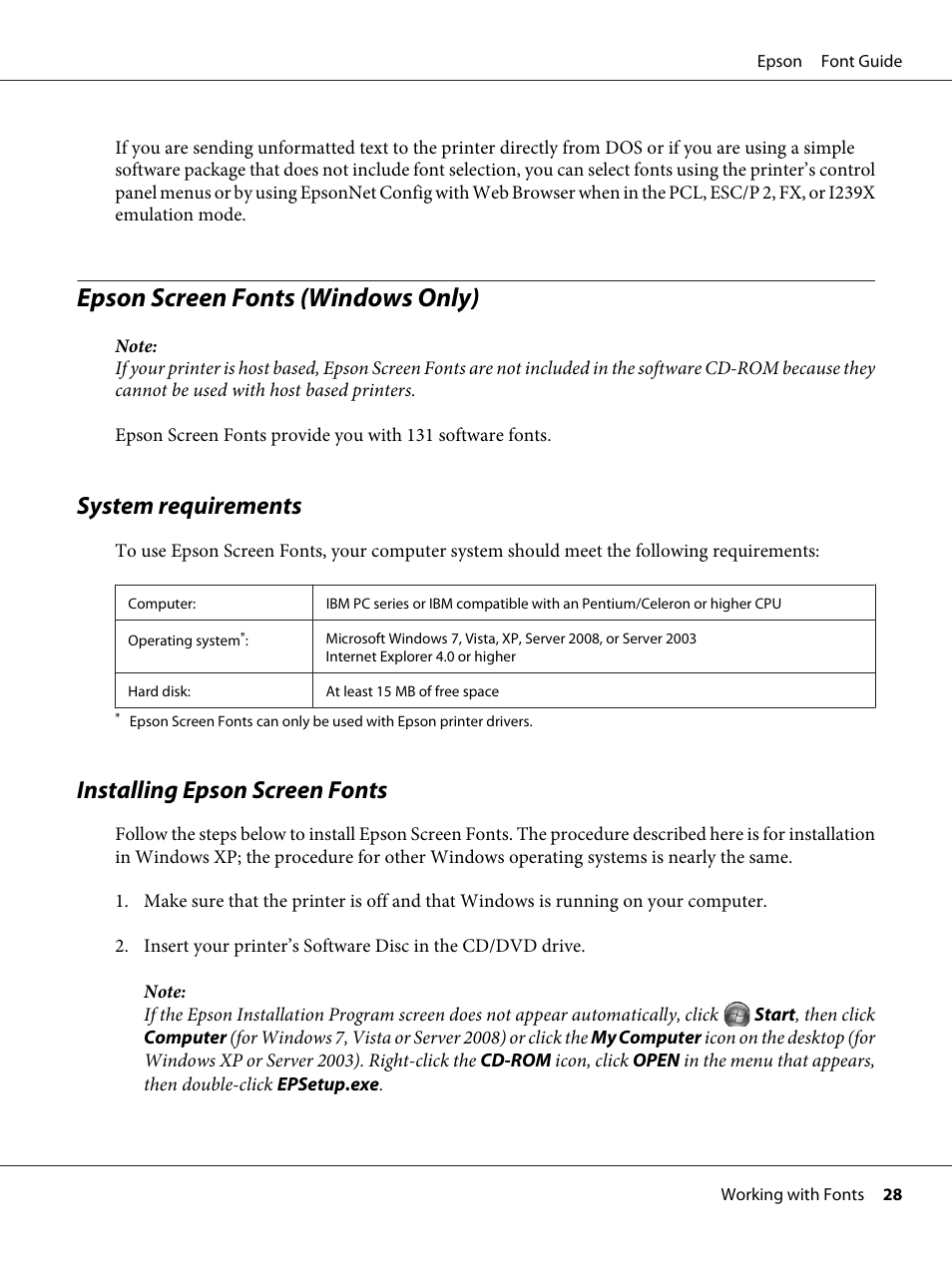 Epson screen fonts (windows only), System requirements, Installing epson screen fonts | System requirements installing epson screen fonts | Epson AcuLaser C9300 User Manual | Page 28 / 39