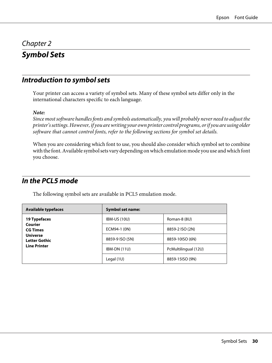 Symbol sets, Introduction to symbol sets, In the pcl5 mode | Chapter 2 symbol sets, Introduction to symbol sets in the pcl5 mode, Chapter 2 | Epson AcuLaser C9300 User Manual | Page 30 / 39