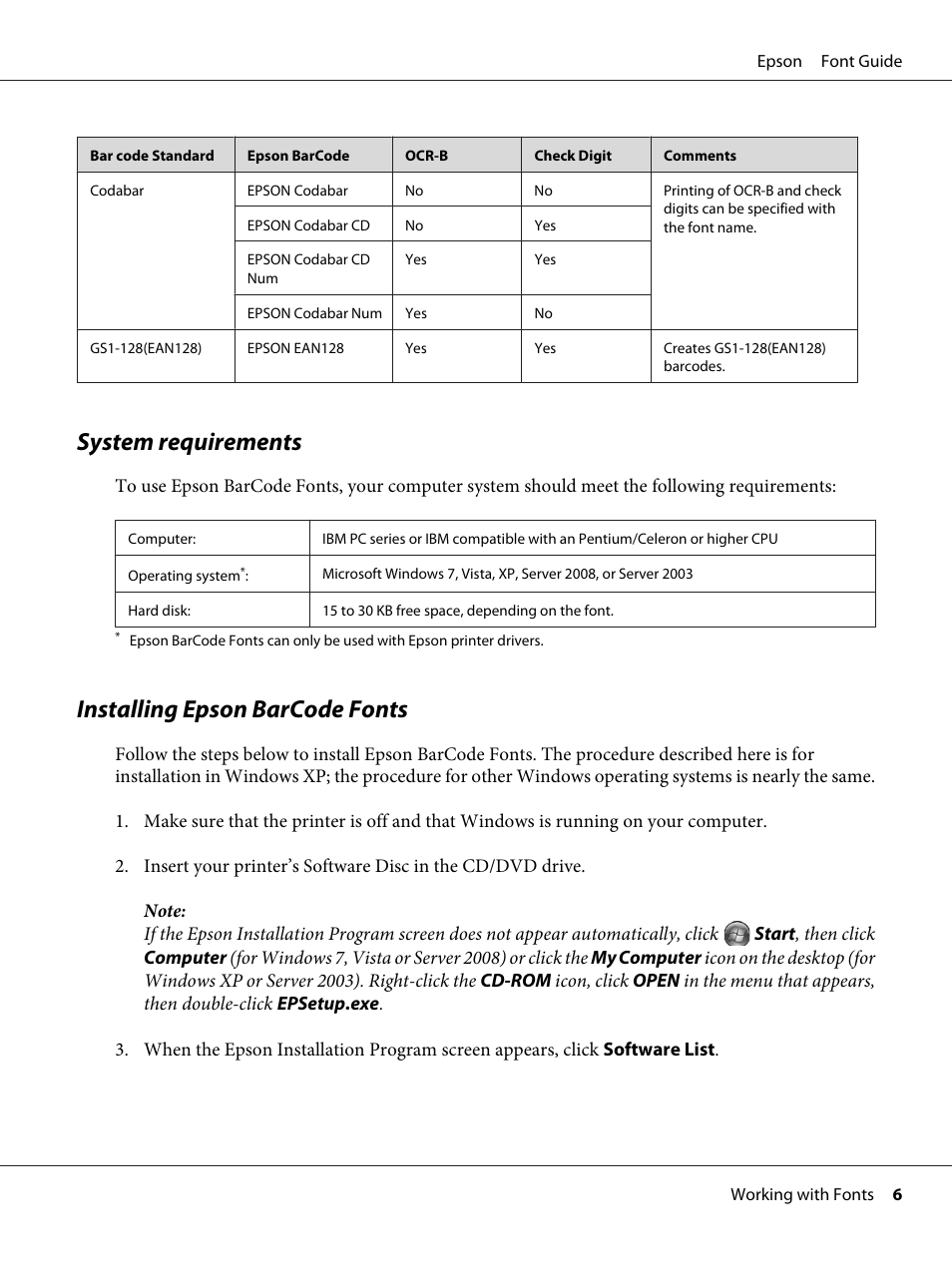 System requirements, Installing epson barcode fonts, System requirements installing epson barcode fonts | Epson AcuLaser C9300 User Manual | Page 6 / 39