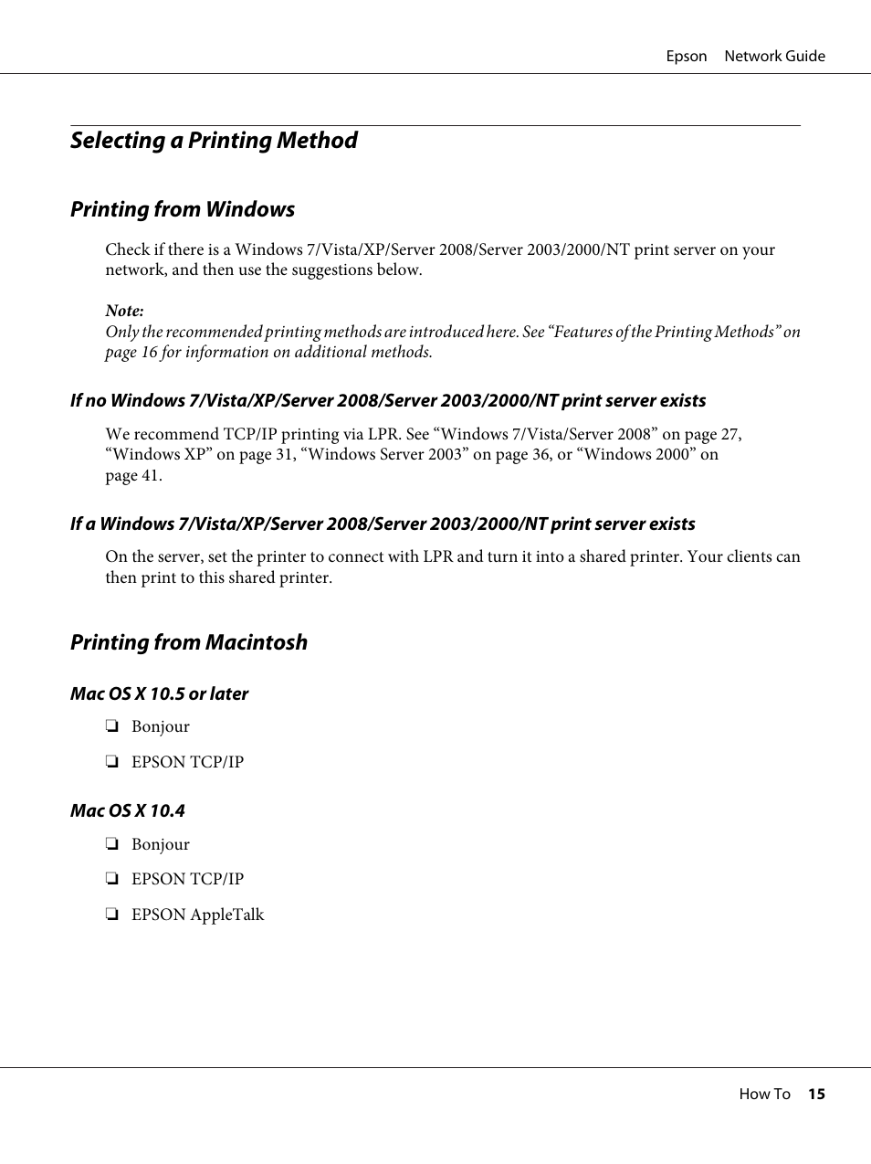 Selecting a printing method, Printing from windows, Printing from macintosh | Printing from windows printing from macintosh | Epson AcuLaser C9300 User Manual | Page 15 / 92