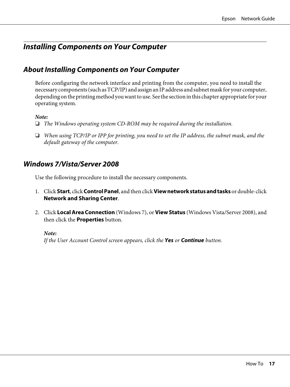 Installing components on your computer, About installing components on your computer, Windows 7/vista/server 2008 | Epson AcuLaser C9300 User Manual | Page 17 / 92