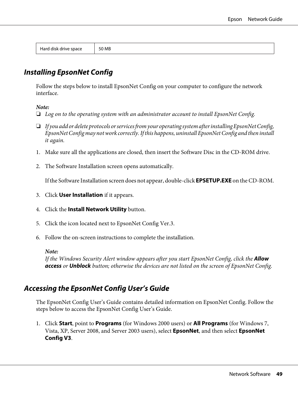Installing epsonnet config, Accessing the epsonnet config user’s guide | Epson AcuLaser C9300 User Manual | Page 49 / 92