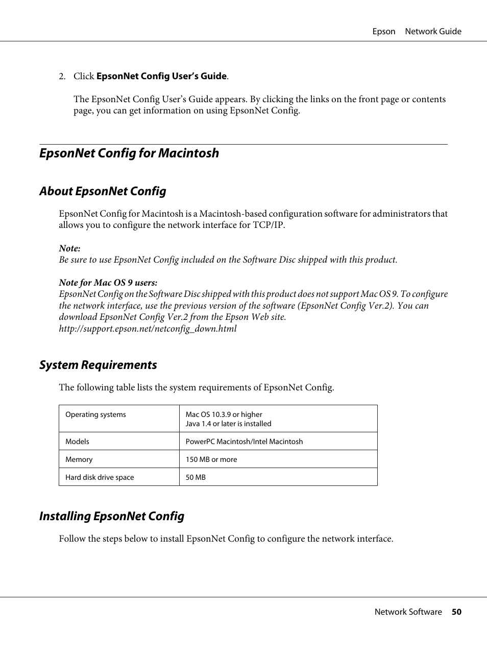Epsonnet config for macintosh, About epsonnet config, System requirements | Installing epsonnet config | Epson AcuLaser C9300 User Manual | Page 50 / 92