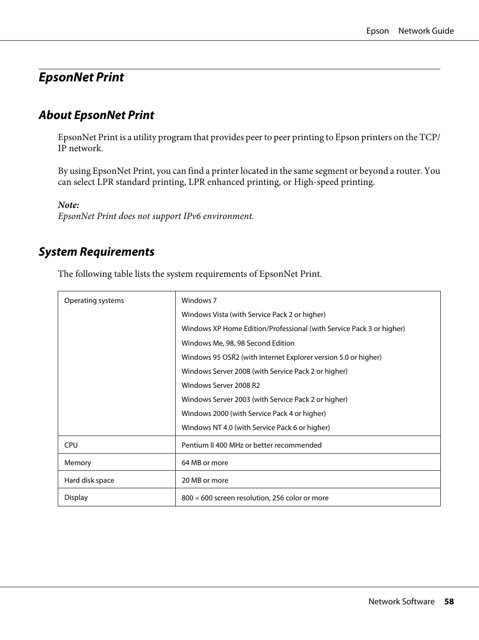 Epsonnet print, About epsonnet print, System requirements | About epsonnet print system requirements | Epson AcuLaser C9300 User Manual | Page 58 / 92