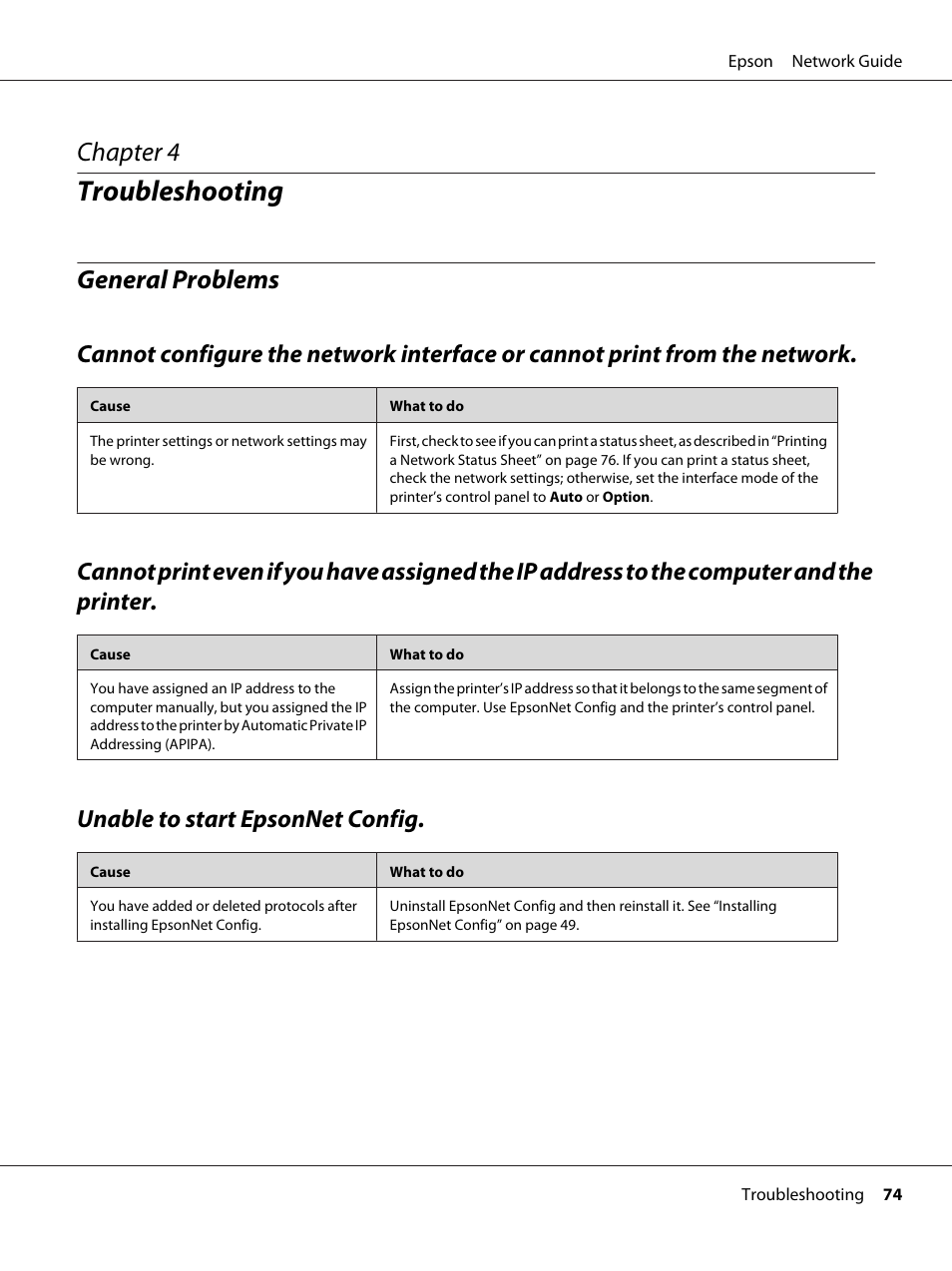 Troubleshooting, General problems, Unable to start epsonnet config | Chapter 4 troubleshooting, Chapter 4 | Epson AcuLaser C9300 User Manual | Page 74 / 92