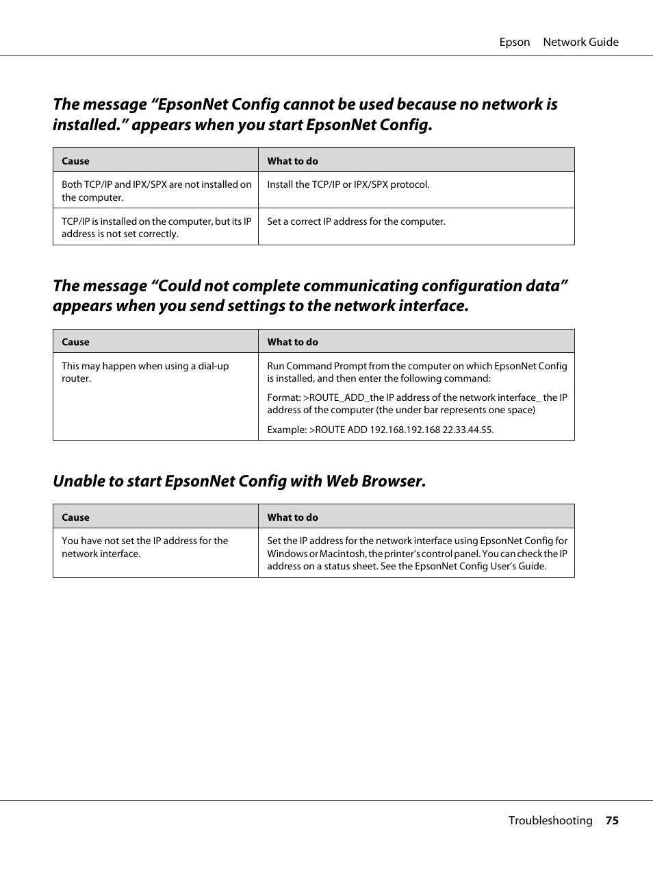 Unable to start epsonnet config with web browser, You start epsonnet config, Settings to the network interface | Epson AcuLaser C9300 User Manual | Page 75 / 92