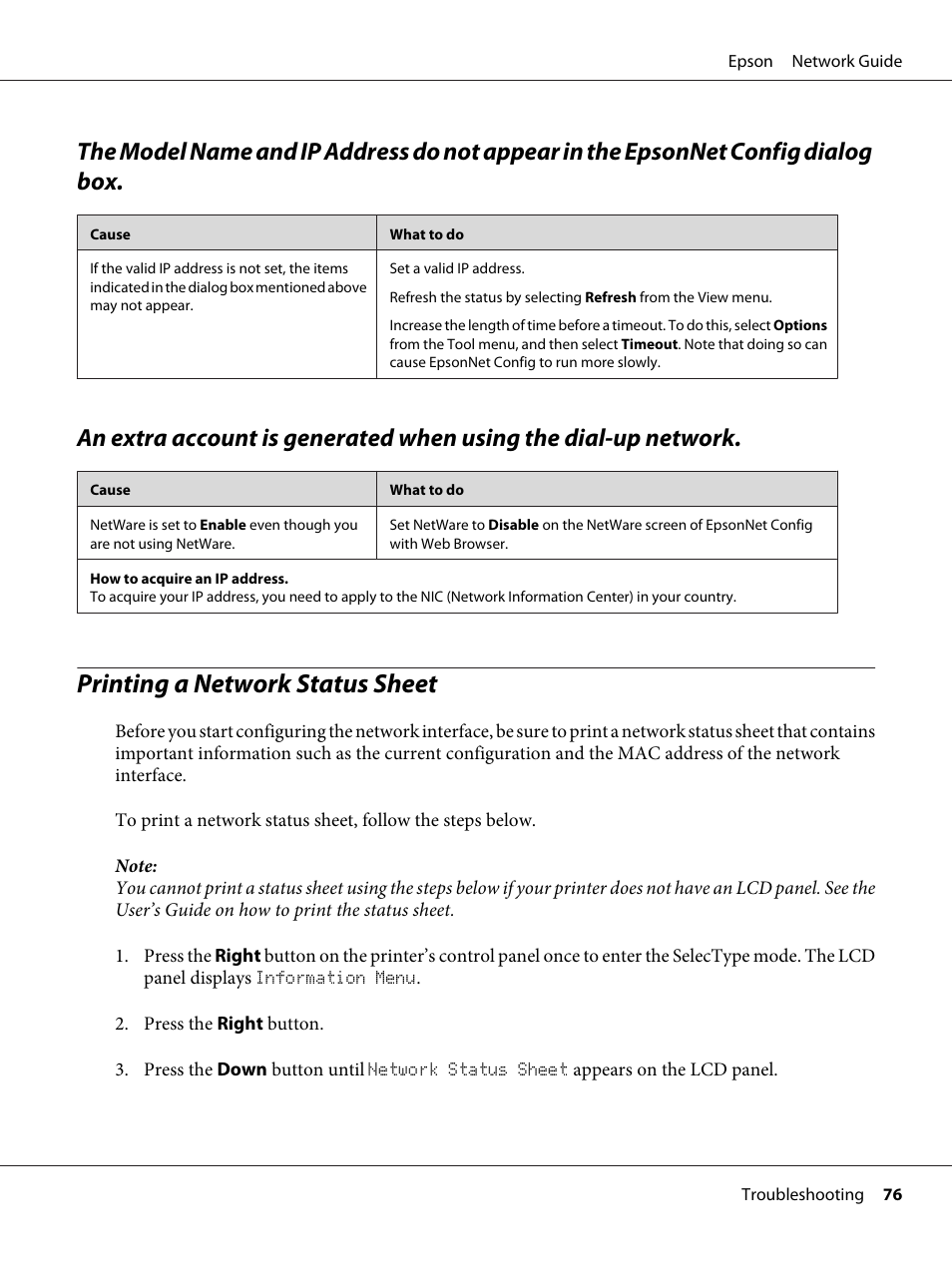 Printing a network status sheet | Epson AcuLaser C9300 User Manual | Page 76 / 92