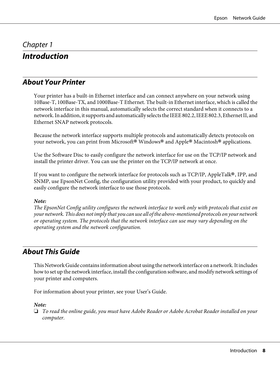 Introduction, About your printer, About this guide | Chapter 1 introduction, About your printer about this guide | Epson AcuLaser C9300 User Manual | Page 8 / 92