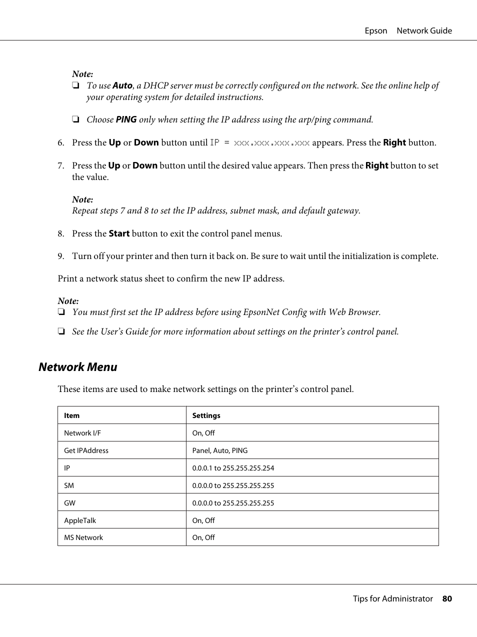 Network menu | Epson AcuLaser C9300 User Manual | Page 80 / 92