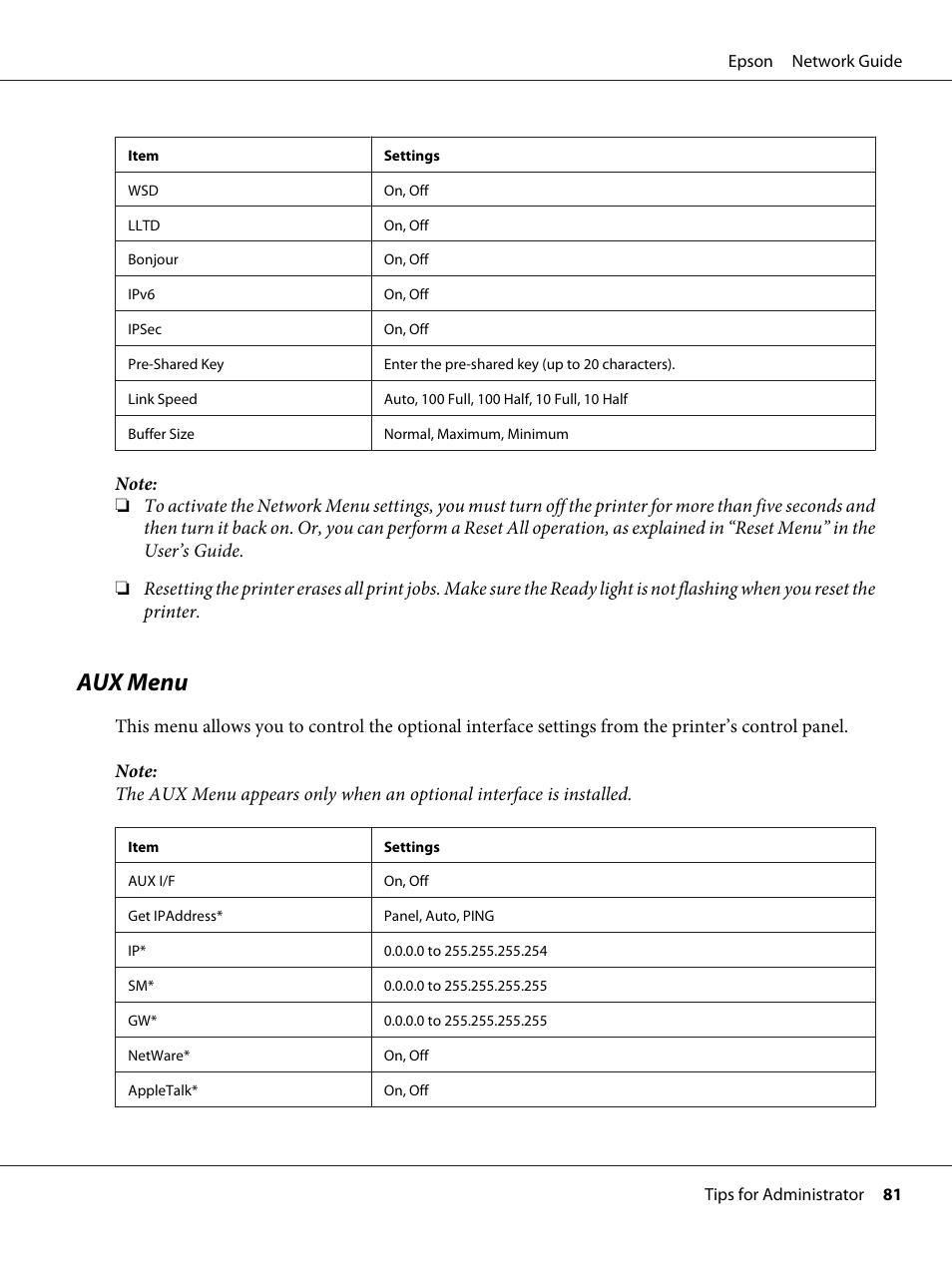 Aux menu | Epson AcuLaser C9300 User Manual | Page 81 / 92